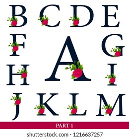 Set of Floral Alphabet - Navy blue color Monogram initial letters  A, B, C, D, E, F, G, H, I, J, K, L, M with pink 
rose bouquet composition for wedding and invite cards. Part 1.