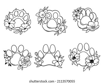 Set of floral animal paws. Collection of cartoon footprints of pet kitty, dog, etc. Vector illustration of pet paws. Love for animals. Tattoo.