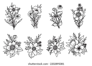 Set Of Floral Arrangement And Bouquet Doodle Line Art, Flower Doodle Line Art Isolated