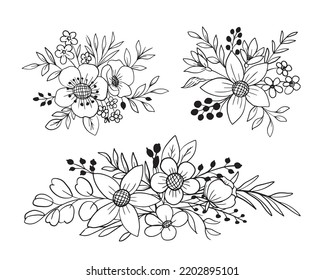 Set of floral arrangement flower and leaves line art collection, flower doodle line art isolated