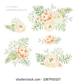 Set of the floral arrangements. Blush and cream peonies with forest green leaves and fern. Vector romantic flowers. Delicate greenery bouquets.