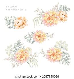 Set of the floral arrangements. Blush pink dahlia and peonies with forest gray leaves and fern. Vector romantic flowers. Delicate greenery bouquets.