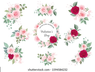 Set of floral arrangements and frame. Flowers illustration decoration of red and peach flowers, leaves, branches. Vector botanic elements for wedding or greeting card design