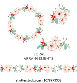 Set of floral arrangements for greeting card or wedding invitation on white background. Pink roses, dog rose with green leaves. Vector romantic garden flowers in watercolor style.