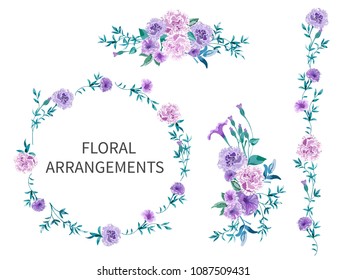 Set of floral arrangements for greeting card or wedding invitation on white background. Pink roses and peonies with green leaves. Vector romantic garden flowers in watercolor style.
