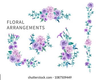 Set of floral arrangements for greeting card or wedding invitation on white background. Pink roses and peonies with green leaves. Vector romantic garden flowers in watercolor style.