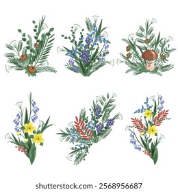 A set of floral arrangements of herbs, leaves, flowers, berries, branches on a white background.Vector bouquets for holiday designs,postcards,textiles.