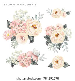 Set of the floral arrangements. Pale pink peonies and hydrangea with gray leaves. Watercolor vector romantic garden flowers.