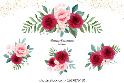 Set of floral arrangements of peach and burgundy rose flowers and leaves. Romantic botanic illustration for wedding, greeting, and valentine card design vector