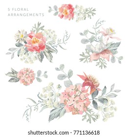 Conjunto de arranjos florais. Flores rosa com folhas cinzentas peroladas. Ilustração vetorial aquarela. Bouquets românticos de jardim.