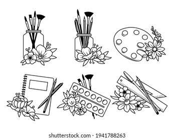 Set floral art supplies  Collection and artistic tools and flowers  School supplies and flower  Vector illustration isolated white background 