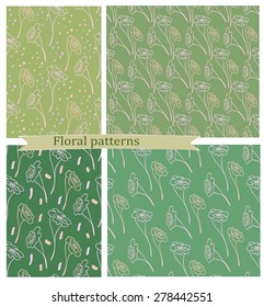 Set of floral background seamless patterns with flowers and leafs , vector illustration