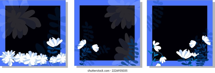 Set von floralen Hintergründen. Abstrakte kreative Hintergründe im minimalen trendigen Stil mit Kopienraum für Grußkarten- oder Titelvorlagen. Blaurosa Vorlage für soziale Medien in Pastellfarben