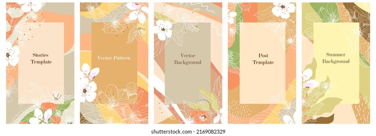 Set of floral backgrounds with abstract spots, blooming white flowers. Graphic design for flyer, banner, poster, promotional content, social media stories. Plant theme, frames with linear sakura