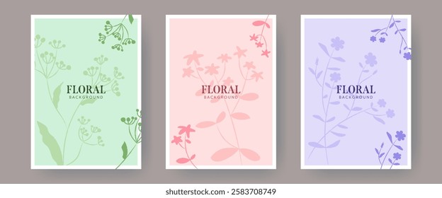 Set of floral backgrounds with hand drawn silhouettes of flowers. Crayon pencil texture, soft pastel colors. Elegant templates for spring, summer designs, greeting card, poster, banner, invitation etc