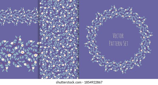 Set of floral backgrounds - seamless border, pattern, wreath, teal leaves and light cream flowers on purple. Vector illustration, design for wallpaper, textile, fabric, wrapping, packaging