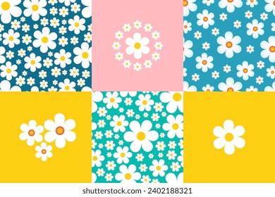 Conjunto de fondos florales patrones sin fisuras, daisies fondo vectorial en estilo de caricatura naive.