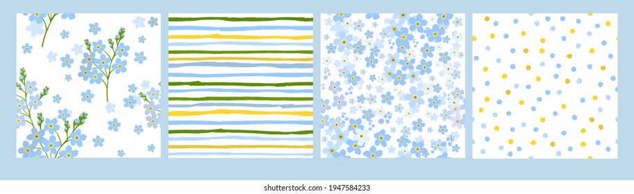 Set of floral backgrounds with small flowers. Blue forget-me-nots. Vector illustration