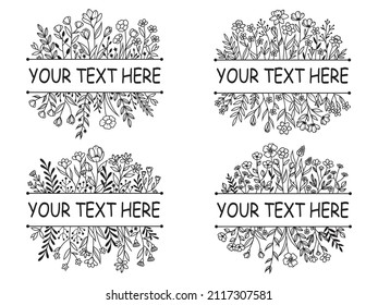 Set of floral banner. Collection of flowers and branches in a frame. Blooming logo. Natural spring card or frame. Vector illustration on white background.