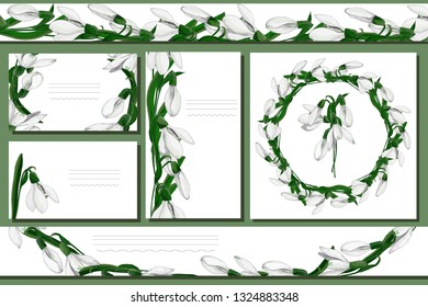 set of floral banners and circle frame with snowdrop flowers vector
