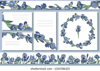 set of floral banners and labels with iris flower borders and circle frame vector isolated