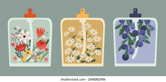 Conjunto de perfume de flores y de bayas. Botella de fragancia con flores y concepto de arándano. Dibujo manual vectorial colorido divertido ilustración estilo de caricatura para tarjeta, afiche, postal