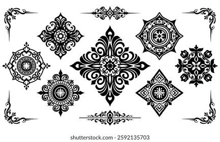 Set of floral in black collection. Vintage and retro element design. Ornament minimal tattoo. Vector eps 10.