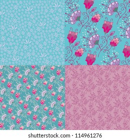set of floral blue and lilac patterns