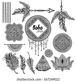 Set of floral Boho style hand drawn elements as Ethnic Feathers, Dream Catcher, Lotus Flower, Arrow etc.