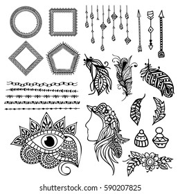Set of floral Boho style hand drawn elements as Ethnic Feathers, Flower, Dividers, Arrows, Frames and Eye.