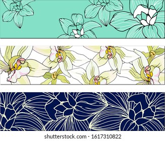 Set of floral bookmarks with white and contour flowers for layout, corporate identity and design. Realistic vector illustration of tropical flowers.