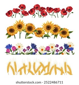 Conjunto de borda floral ou flor, arranjo de girassol. Moldura de vetor com papoulas e espigueta, papaver e trigo. Flor de papoula de verão. Agricultura e agronomia, natureza e antecedentes das plantações