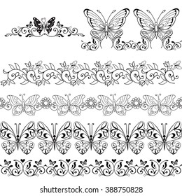 Set of floral borders with butterflies / Design elements / Tattoos