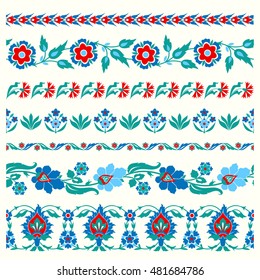 Set Of Floral Borders In Folk Style. Ethnic Ornament. Arabic, Ottoman, Turkish, Tatar Traditional Tile Design