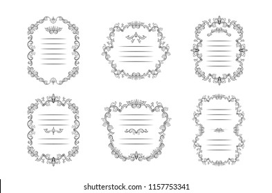 Set of floral borders and Frames with place for text. Copy space and dividers or flourishes. Italian vintage ornament. Isolated Greeting card or wedding, certificate and diploma. Headpiece template
