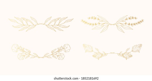 Set Of Floral Borders For Invitations. Golden Elegant Branch Dividers. Vector Isolated Spring Gold Flourish Page Break Laurels.