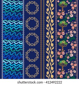 Set of floral borders with floral motifs. Hand drawn seamless pine trees pattern, sea waves print, blooming tulips, geometrical ornament. Vintage textile collection. Blue, pink shadows on dark blue.
