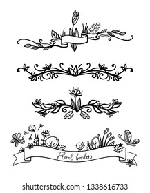 Set of floral borders, page decorations and dividers. Black decorative design elements isolated on a white background. Vector illustration.