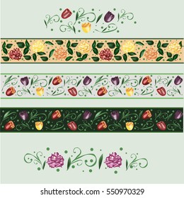 set of floral borders, roses, tulips different colors