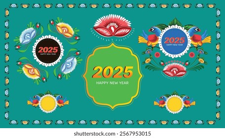 A set of floral borders with two birds holding a text box Colorful Rickshaw painting