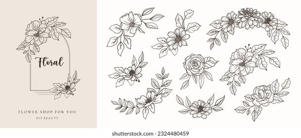 Set of floral botanical black line art bouquets. Flowers and leaves line art hand drawn arrangements frame, wreath. Vector illustration for wedding invitation save the date card, flower shop