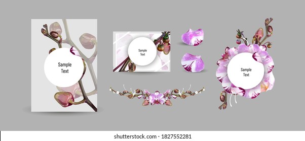 Set of floral botanical design, for poster, card, invitation, flyer, cover, banner, placard, brochure. Minimal modern style frame, composition for text with decorative violet and pink orchid elements.