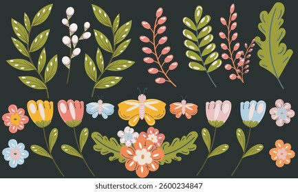 Set Floral and botanical designs featuring colorful flowers and leaves