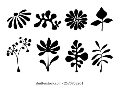 A set of floral botanical elements, black silhouettes hand-drawn, isolated on white, vector. Flowers, leaves, twig for decoration, decoration, design. Collection of graphic decorative icons