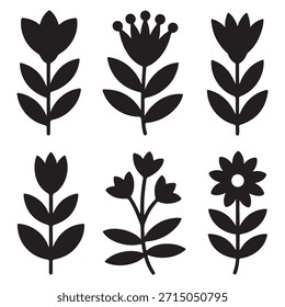 Un conjunto de Elementos botánicos florales, siluetas negras dibujadas a mano, aisladas en blanco, Vector. Flores, hojas, ramita para la decoración, decoración, diseño. Colección de iconos decorativos gráficos