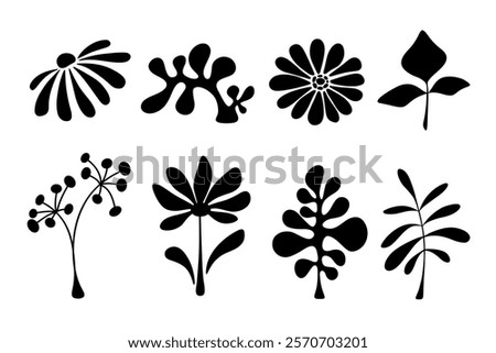 A set of floral botanical elements, black silhouettes hand-drawn, isolated on white, vector. Flowers, leaves, twig for decoration, decoration, design. Collection of graphic decorative icons