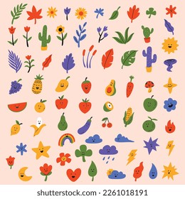 Set of floral botanical fruits and weather icon illustration with cute design