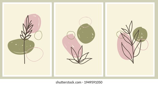 Conjunto de ilustraciones vectoriales minimalistas de arte mural floral botánico. Dibujo de líneas con forma abstracta. Se puede usar para imprimir, cubrir, papel, invitación, afiche, boda con tarjeta, decoración. Color rosa verde