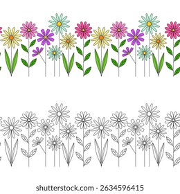 Set of floral bottom borders with meadow flowers and grass, horizontal seamless vector pattern, decor element