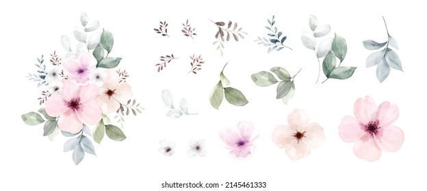 Set of floral bouquet watercolor elements isolated on white background. Botanical illustration collection of flower, leaves, and branches.